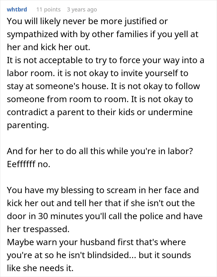 A comment advises a pregnant woman experiencing contractions to tell her MIL to leave or call the police.