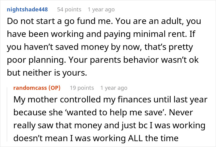 A woman leaving home for refusing to follow a rule due to her mother controlling her finances.