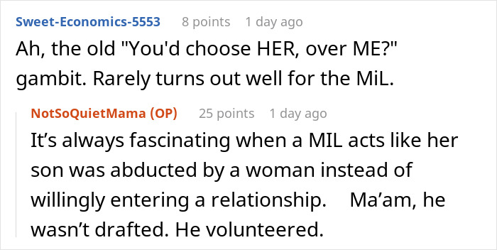 A screenshot from Reddit about a husband's mom having a breakdown over not moving in.