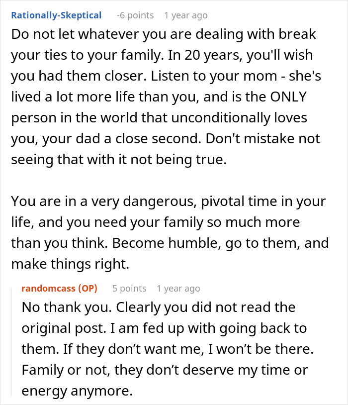 A screenshot of a comment advising the woman to maintain family ties after refusing to follow one rule.