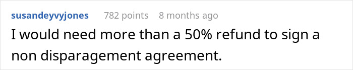 User comments on refund terms and non disparagement agreement