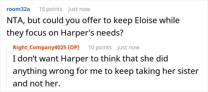 Comment suggesting childcare for sibling while focusing on daughter's health needs Comment suggesting childcare for sibling while focusing on daughter's health needs