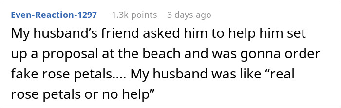Story about husband's refusal to help with fake rose petals for beach proposal setup