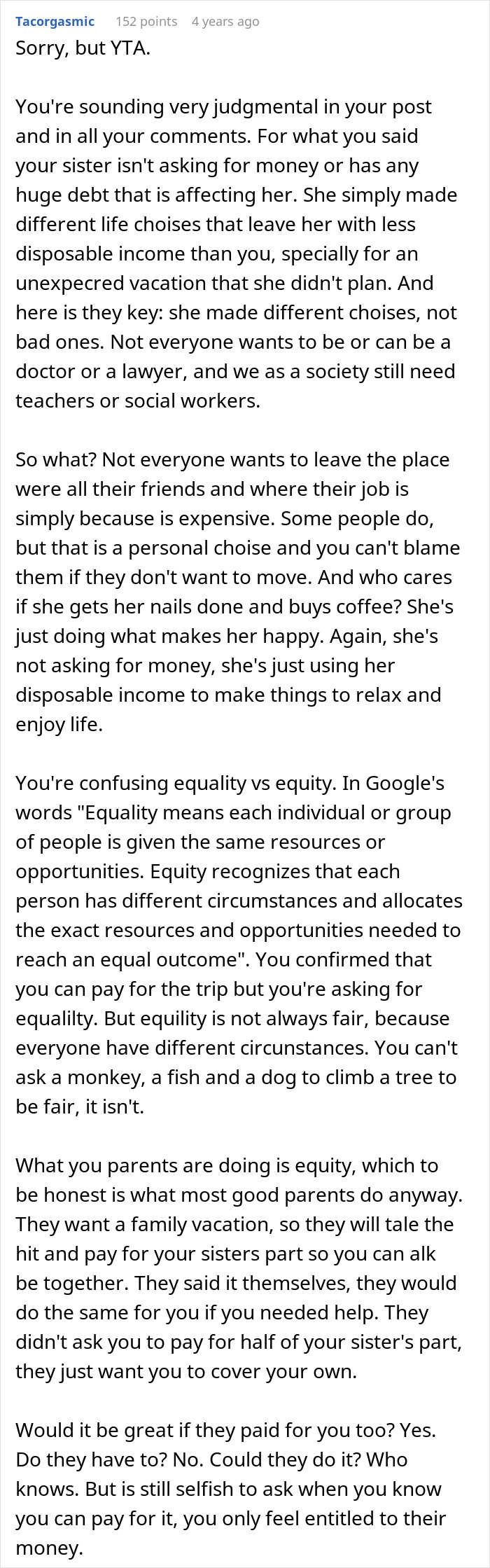 A Reddit comment explaining equality vs. equity, addressing the 28YO's feelings of disrespect regarding parental sponsorship. A Reddit comment explaining equality vs. equity, addressing the 28YO's feelings of disrespect regarding parental sponsorship.