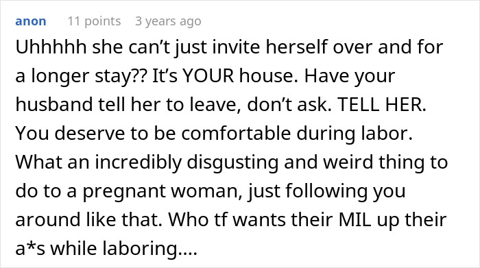 A comment urges a pregnant woman's husband to make the MIL leave during contractions for comfort.
