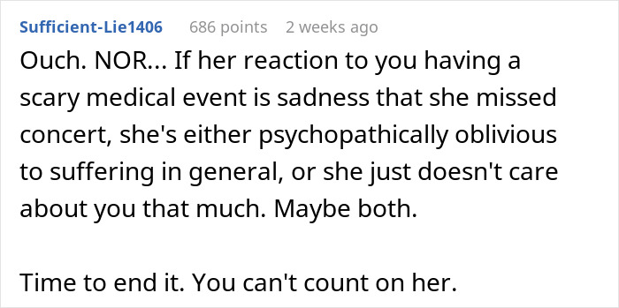 A comment expressing disbelief at a fiancée prioritizing a concert over her partner fainting. A comment expressing disbelief at a fiancée prioritizing a concert over her partner fainting.