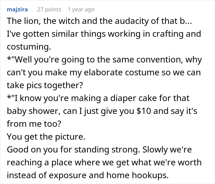 Comment about audacity in crafting and standing strong for fair value instead of free favors