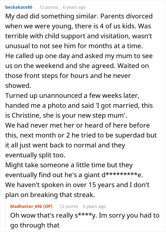 A Reddit comment on a dad's secret wedding and its impact, relatable to a bride inviting ex-stepmom.