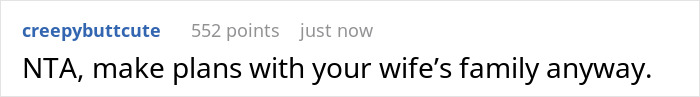 Reddit comment advising to make plans with wife's family anyway, despite the vacation plans being hijacked. Reddit comment advising to make plans with wife's family anyway, despite the vacation plans being hijacked.