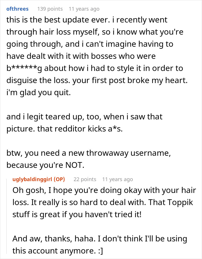A Reddit user&sup1;s comment empathizing with a woman's hair loss and messy hair experience, praising her for quitting her job.