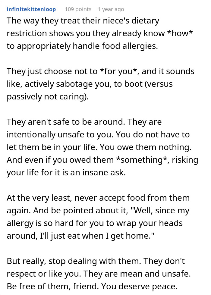 A comment about dietary restrictions and food allergies, discussing a mother's sabotage with gluten-free food.