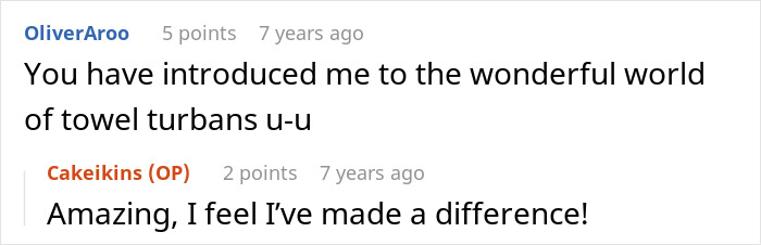 A user comment thanks for introducing towel turbans in the Kid Steals Woman's Hair Towel discussion. A user comment thanks for introducing towel turbans in the Kid Steals Woman's Hair Towel discussion.