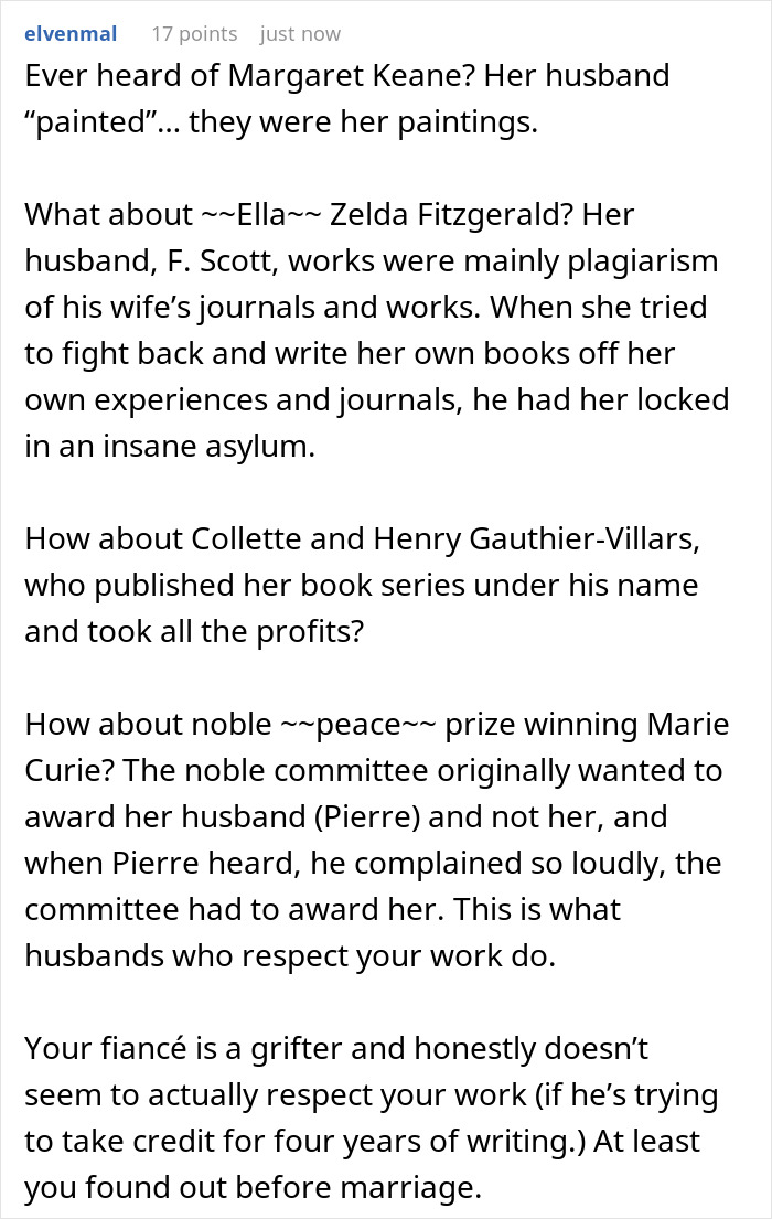 A Reddit comment referencing historical figures and a guy wanting his name on author GF's book.
