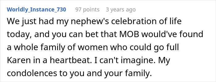 Comments expressing condolences on a nephew's celebration of life and mentioning Karen behavior Comments expressing condolences on a nephew's celebration of life and mentioning Karen behavior