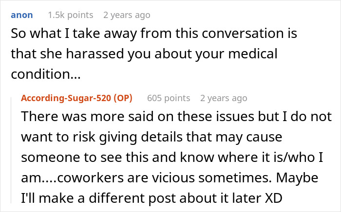 Reddit comments discussing a coworker being harassed over a medical condition, revealing the impact of an ableist Karen.