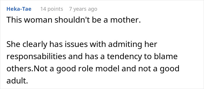 Screenshot of a comment stating, This woman shouldn't be a mother, criticizing her parenting fail and blame. Screenshot of a comment stating, This woman shouldn't be a mother, criticizing her parenting fail and blame.