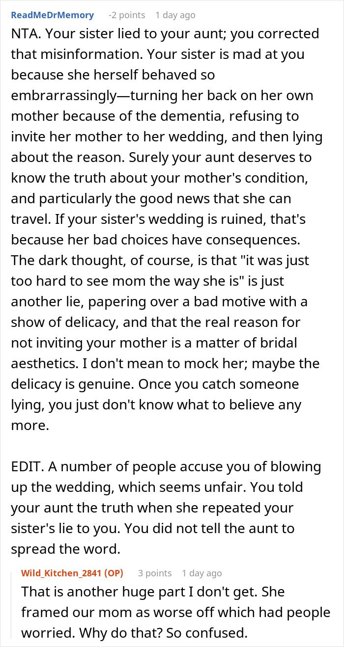 Exposing sister's lies about mother with dementia causing wedding boycott Exposing sister's lies about mother with dementia causing wedding boycott