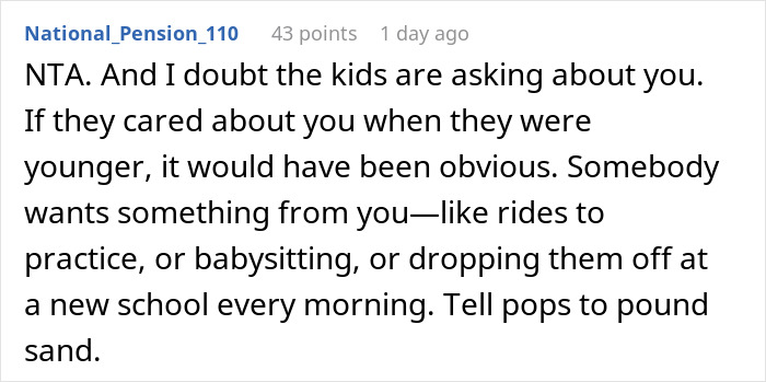 Screenshot of online discussion: User advises daughter against getting involved with stepkids and estranged father. Screenshot of online discussion: User advises daughter against getting involved with stepkids and estranged father.
