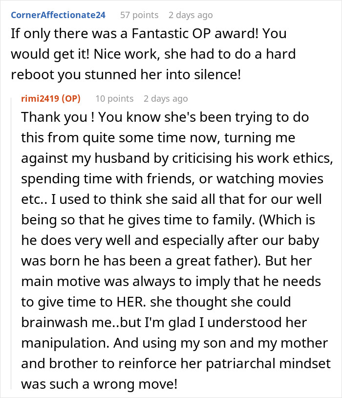 User praises OP for standing up to manipulative mother-in-law behavior User praises OP for standing up to manipulative mother-in-law behavior