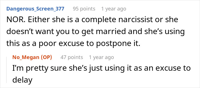 A Mom wants a whole year to celebrate her birthday and tells her daughter her wedding can wait, raising narcissism concerns. A Mom wants a whole year to celebrate her birthday and tells her daughter her wedding can wait, raising narcissism concerns.