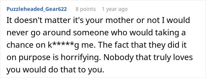 A comment on the horror of a mom tricking daughter into eating food, emphasizing that true love wouldn't risk harm.