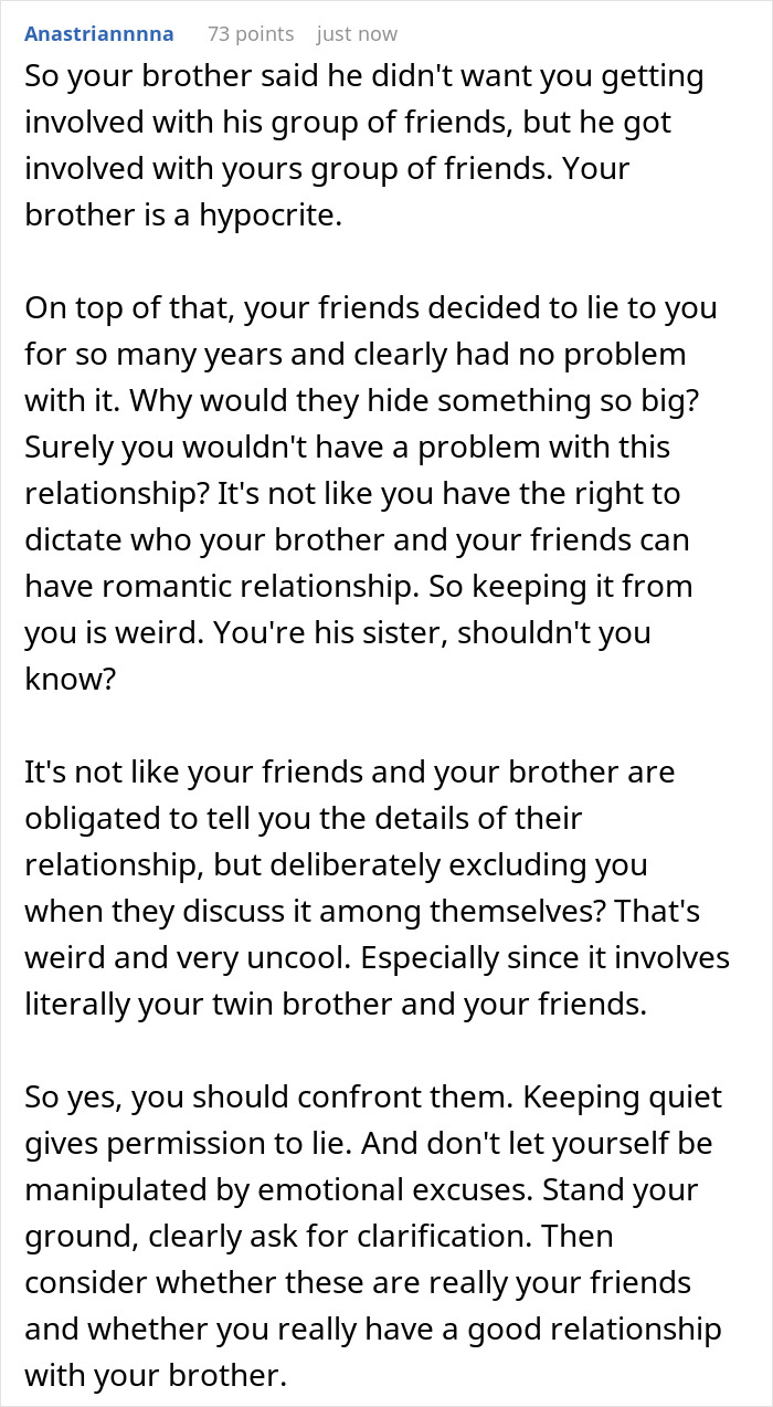 Woman Finds Out Friends Hid A Secret About Her Twin Brother, Realizes She Was The Only One Left Out