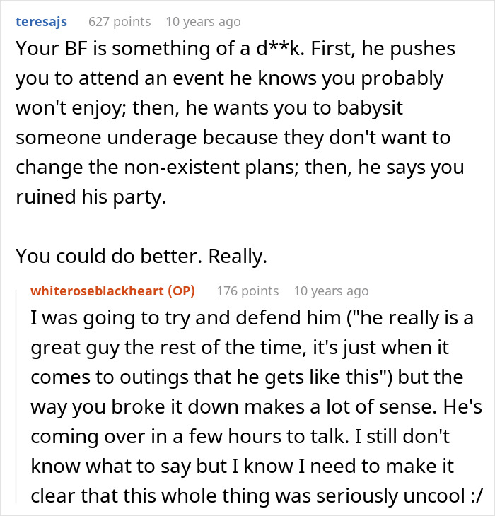 A comment advises the original poster that her boyfriend is at fault for the birthday bar crawl incident. A comment advises the original poster that her boyfriend is at fault for the birthday bar crawl incident.