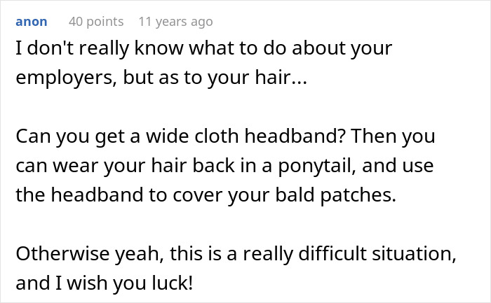 A screenshot displaying comments and suggestions for a woman whose messy hair might cost her job.