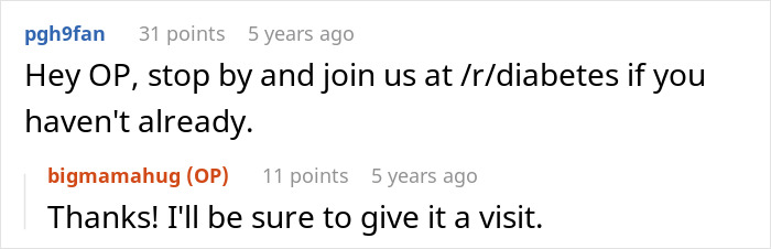 A Reddit comment recommending joining a diabetes community after the grandson's ER visit due to the MIL's actions.