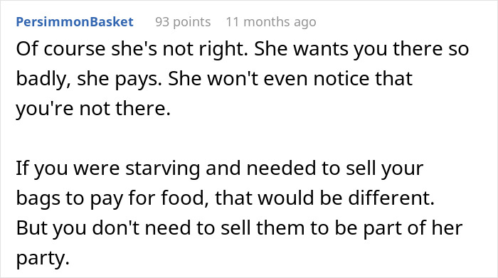 Comment stating bride should pay to have important guests at destination wedding
