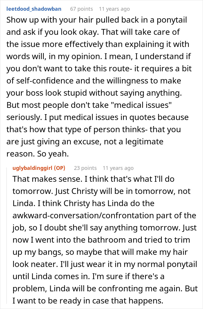 A woman considers pulling back her hair to address job concerns and discusses dealing with job confrontation.