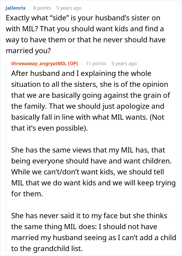 MIL wants couple to have kids against their wishes in family conflict