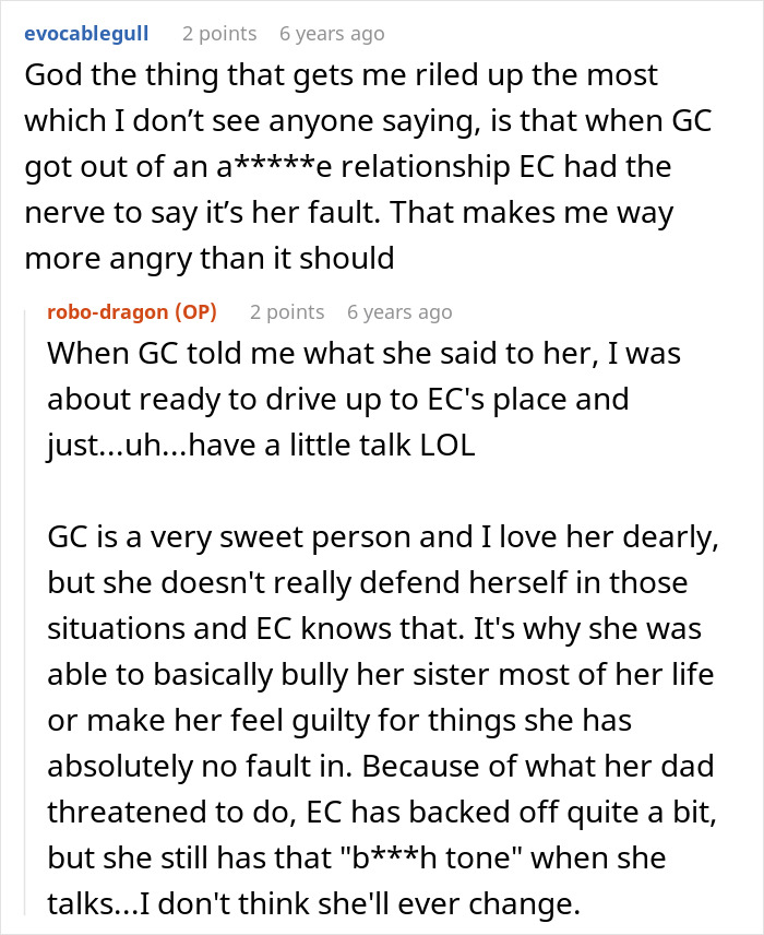A screenshot of Reddit comments discussing the entitled woman's behavior and the sister's wedding.