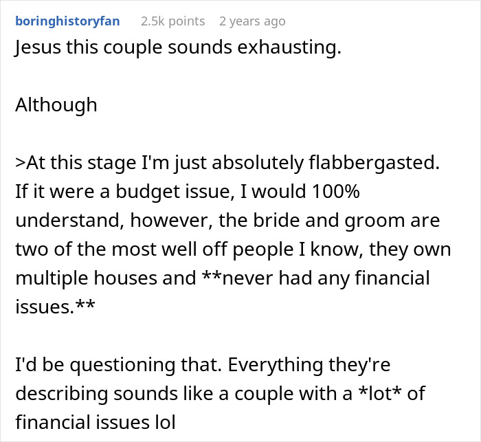 User describes the couple as exhausting amid wedding financial doubts User describes the couple as exhausting amid wedding financial doubts
