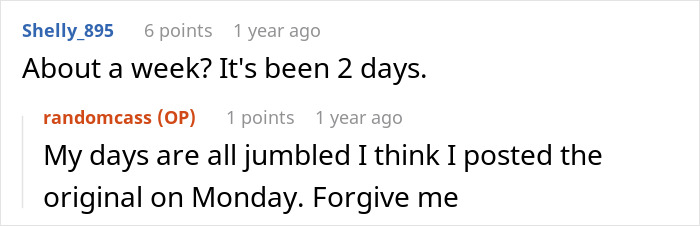 A Reddit comment clarifies the timeline for a woman told to leave home after refusing to follow one rule.