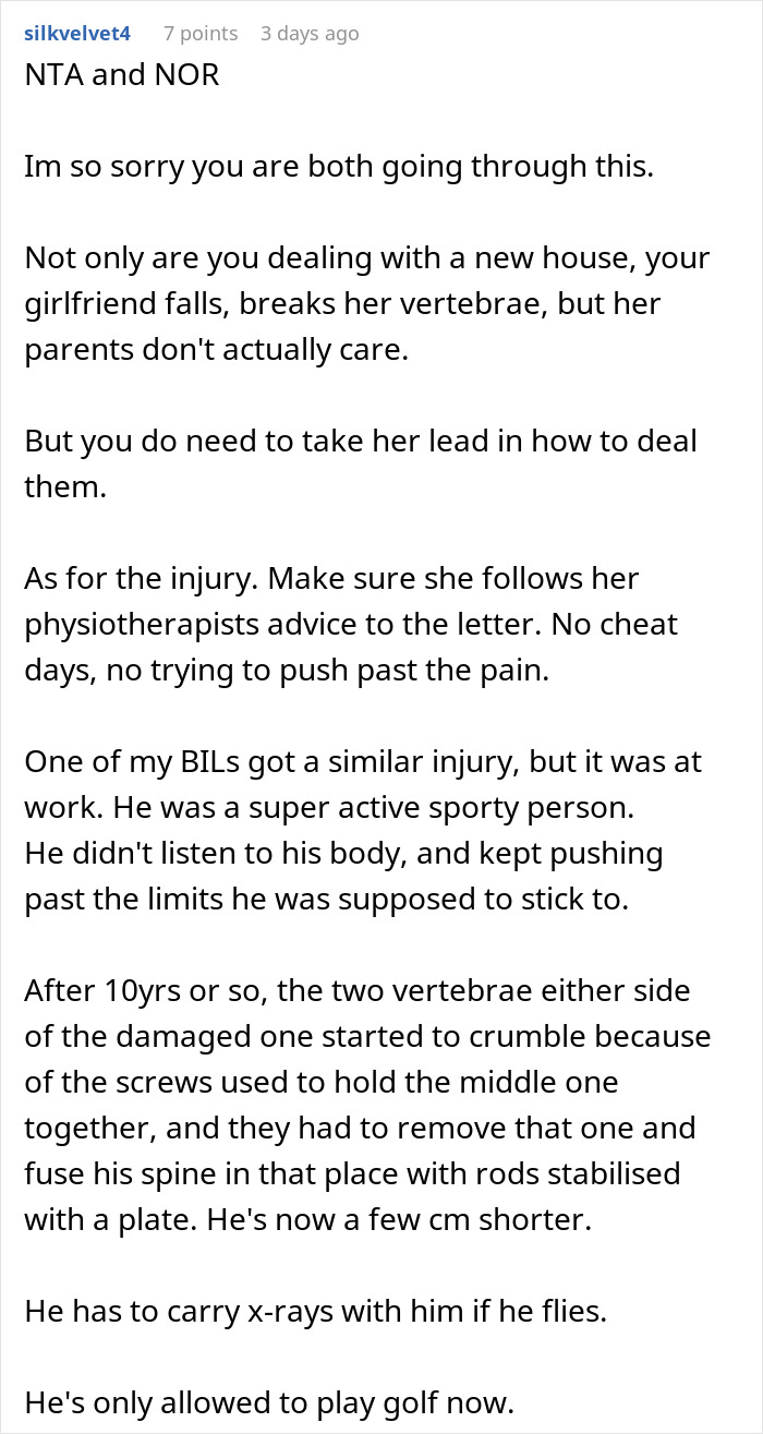 Supportive comment about girlfriend breaking her vertebrae with advice on injury recovery