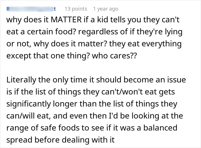 A comment about a kid faking a food issue and a boyfriend regretting testing it.