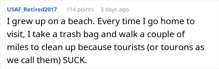 Comment about cleaning up beach trash caused by tourists after proposal