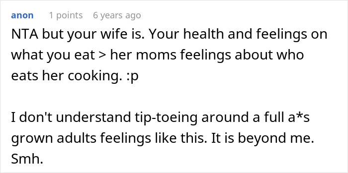 Comment stresses health over MIL's feelings about cooking