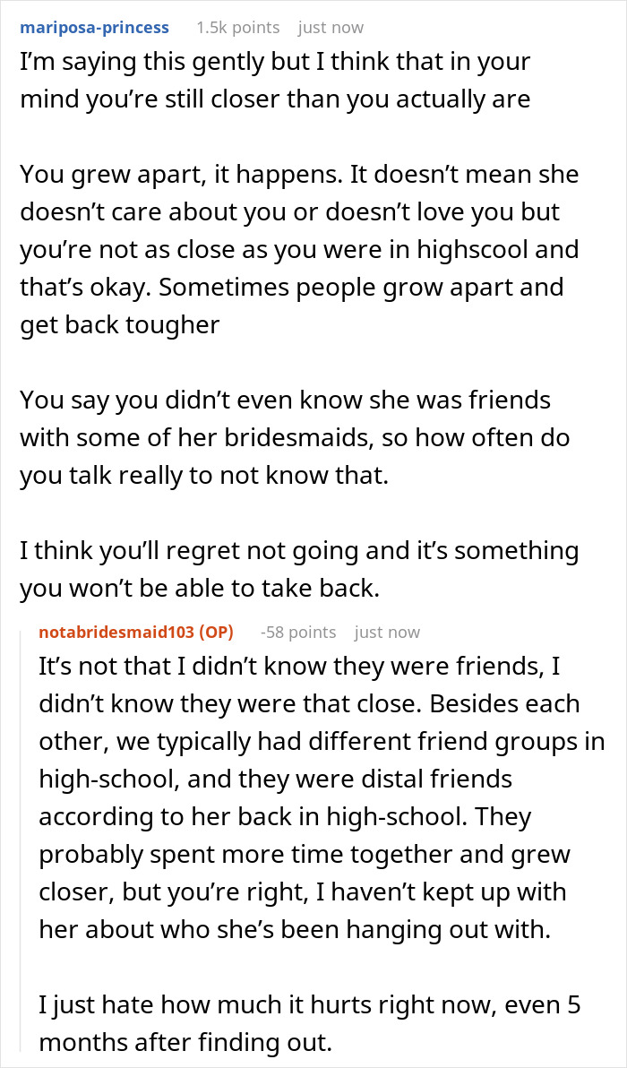 Screenshot of Reddit comments discussing a bridesmaid situation and how friendship has run its course.