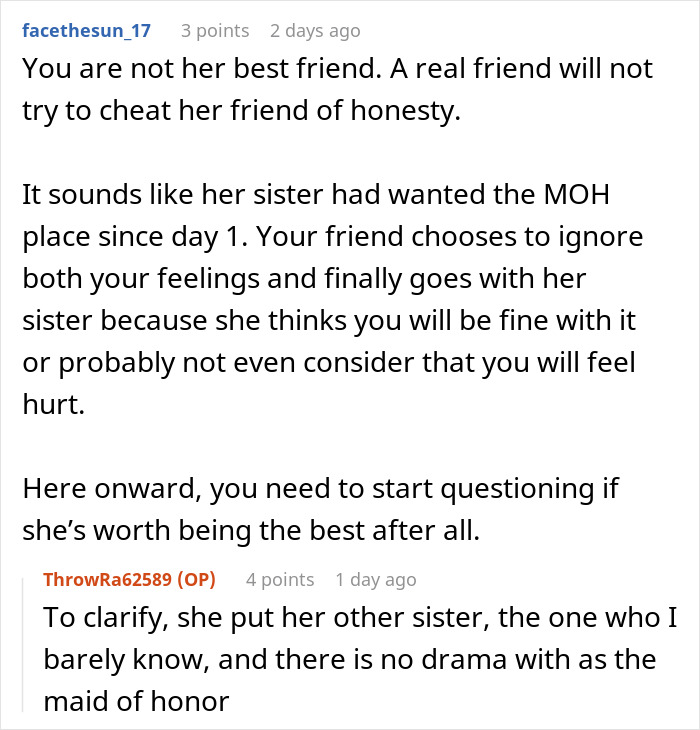 Discussion about maid of honor responsibilities and friendship honesty in wedding context