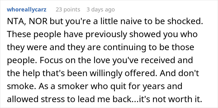 Comment advising to focus on love and support, warning against smoking relapse