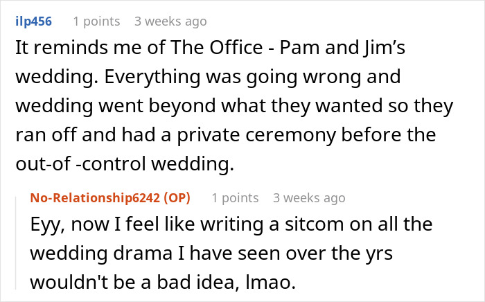 Comments comparing a disastrous wedding to The Office&rsquo;s Pam and Jim wedding