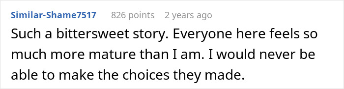 Screenshot of an online comment discussing a husband's accident and his ex-wife refusing to leave his side.