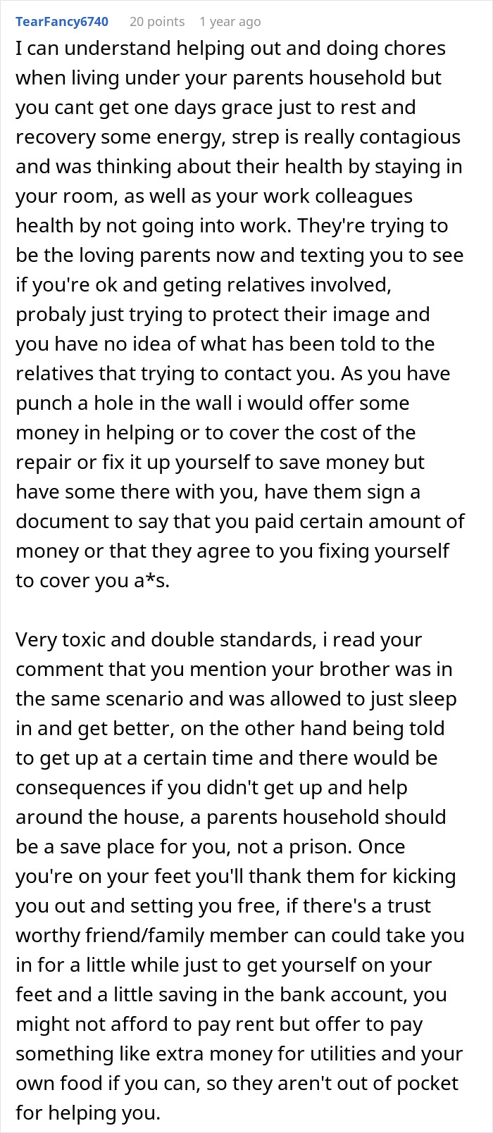 A screenshot of a comment discussing a woman leaving home due to refusing to follow rules and the parent-child dynamic.