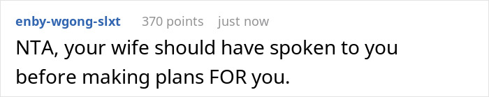 A screenshot of a comment suggesting a wife should consult her husband before making family trip plans.