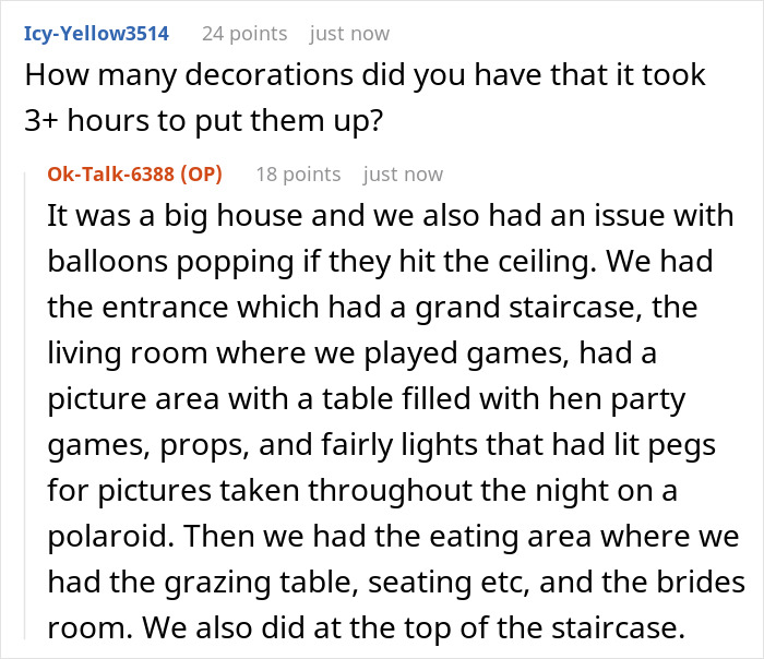 A comment detailing elaborate decorations for a bachelorette party, leading to family drama and a missing tooth. A comment detailing elaborate decorations for a bachelorette party, leading to family drama and a missing tooth.