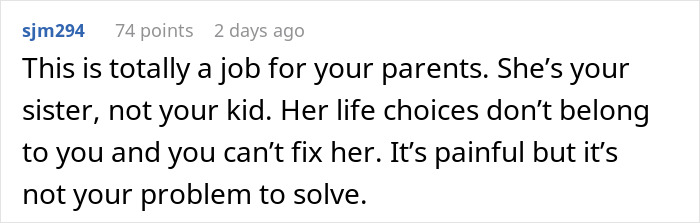 Comment about responsibility of parents in homeless sister family dispute