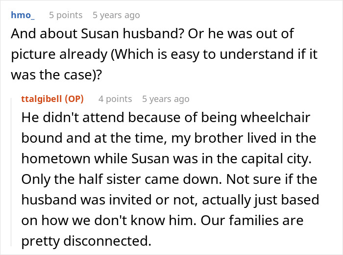 Conversation about stepbrother's wedding and absent husband explanation Conversation about stepbrother's wedding and absent husband explanation