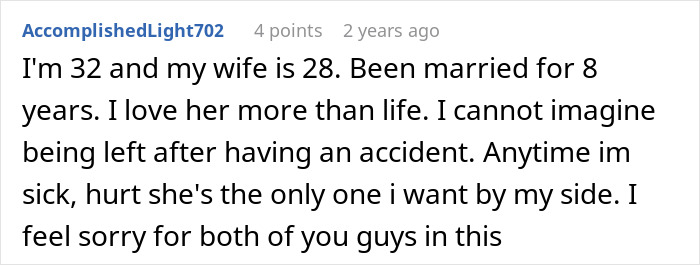 Screenshot of a forum comment from a 32-year-old husband discussing his marriage, an accident, and his wife's support.